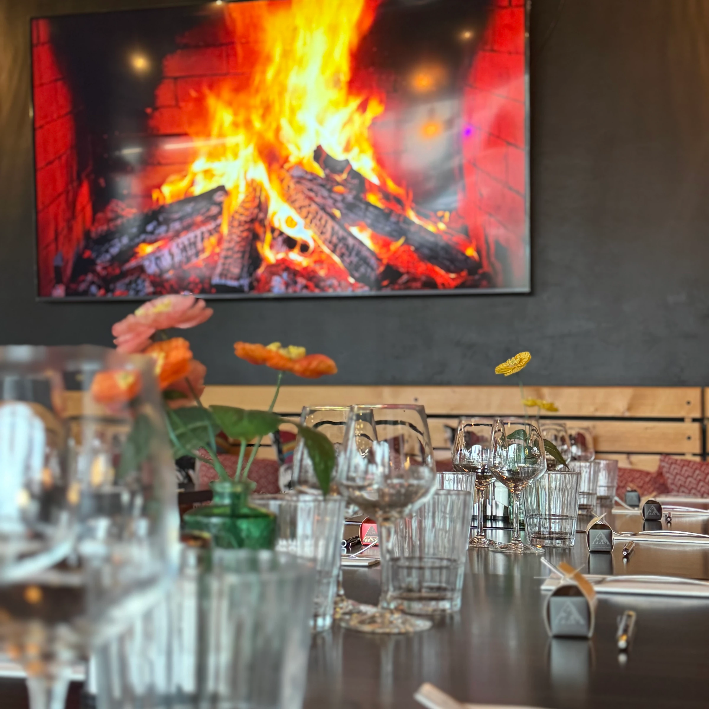 Warm fireplace ambience at Chez Milen